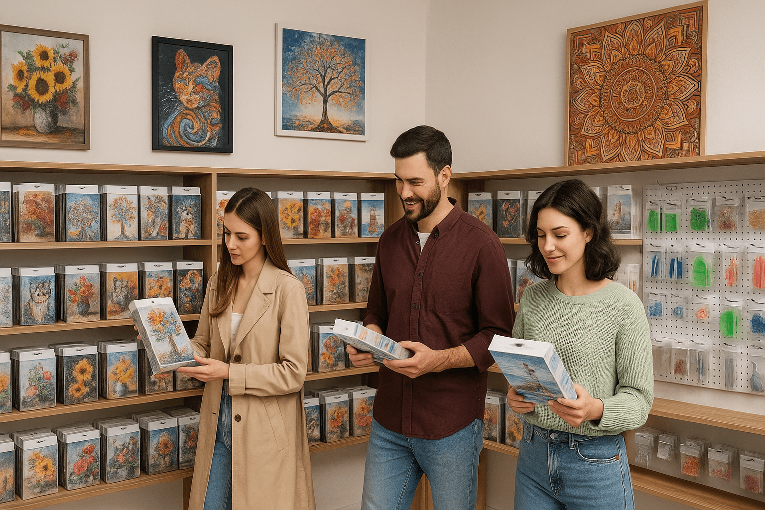 Drei Kunden im Diamond Painting Shop betrachten funkelnde Motive und Zubehör in einem modern gestalteten Ladenlokal