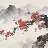 Malen nach Zahlen Kirschblüten vor nebelverhangenen Berggipfeln – Japandi-Panorama Japan