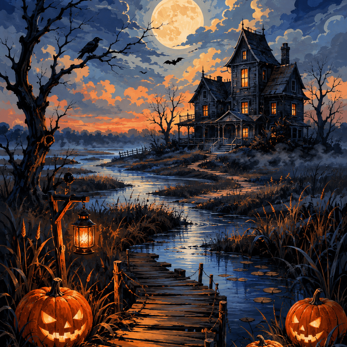 Malen nach Zahlen Das verlassene Haus am Moor – Halloween-Motiv