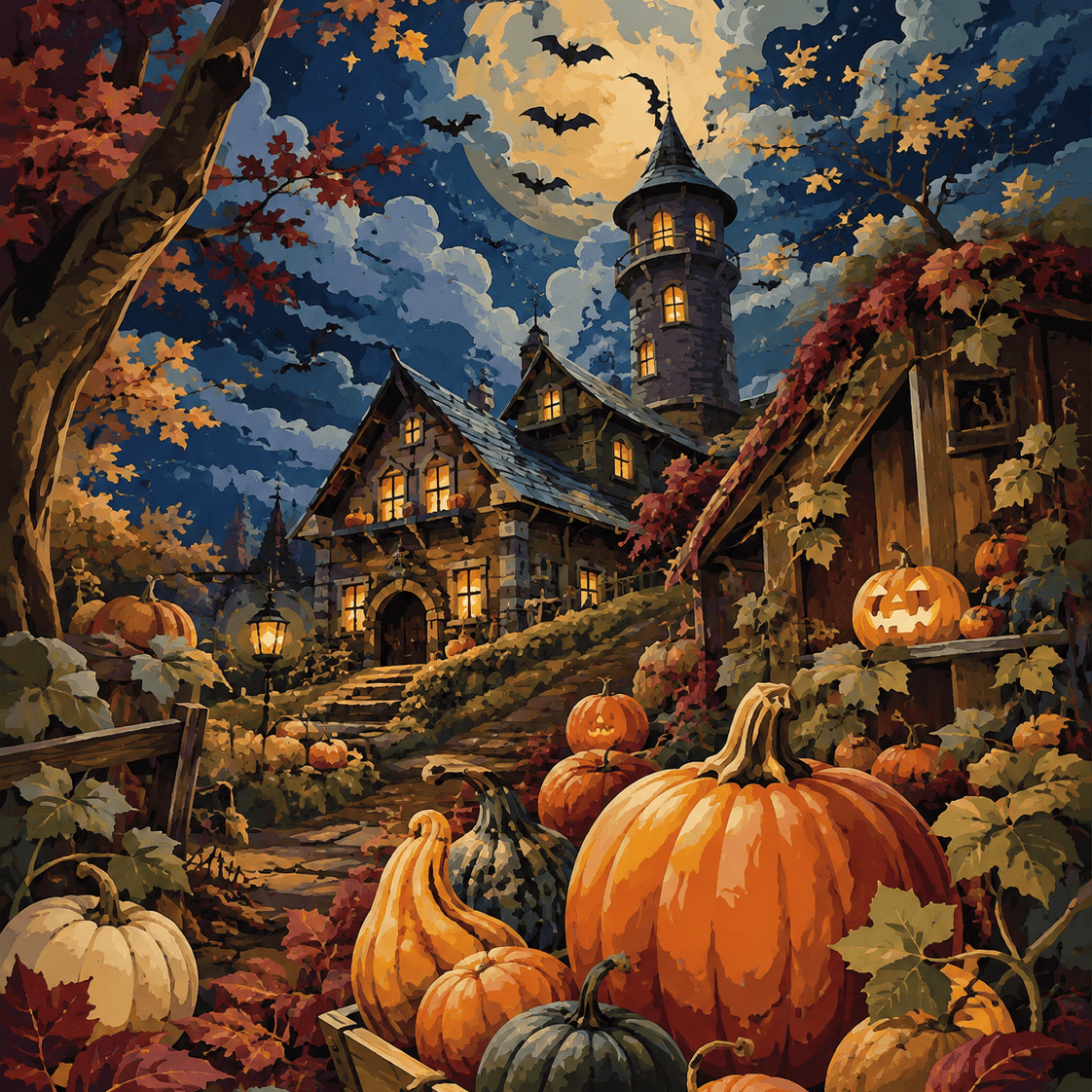 Malen nach Zahlen Der bunte Kürbishof – Halloween-Motiv