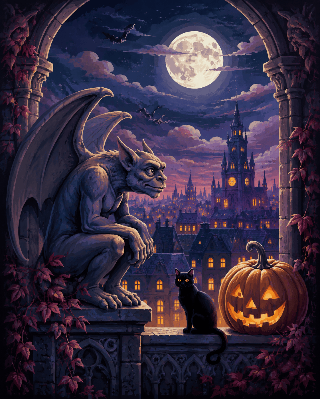 Malen nach Zahlen Der Gargoyle über der Stadt – Halloween-Motiv