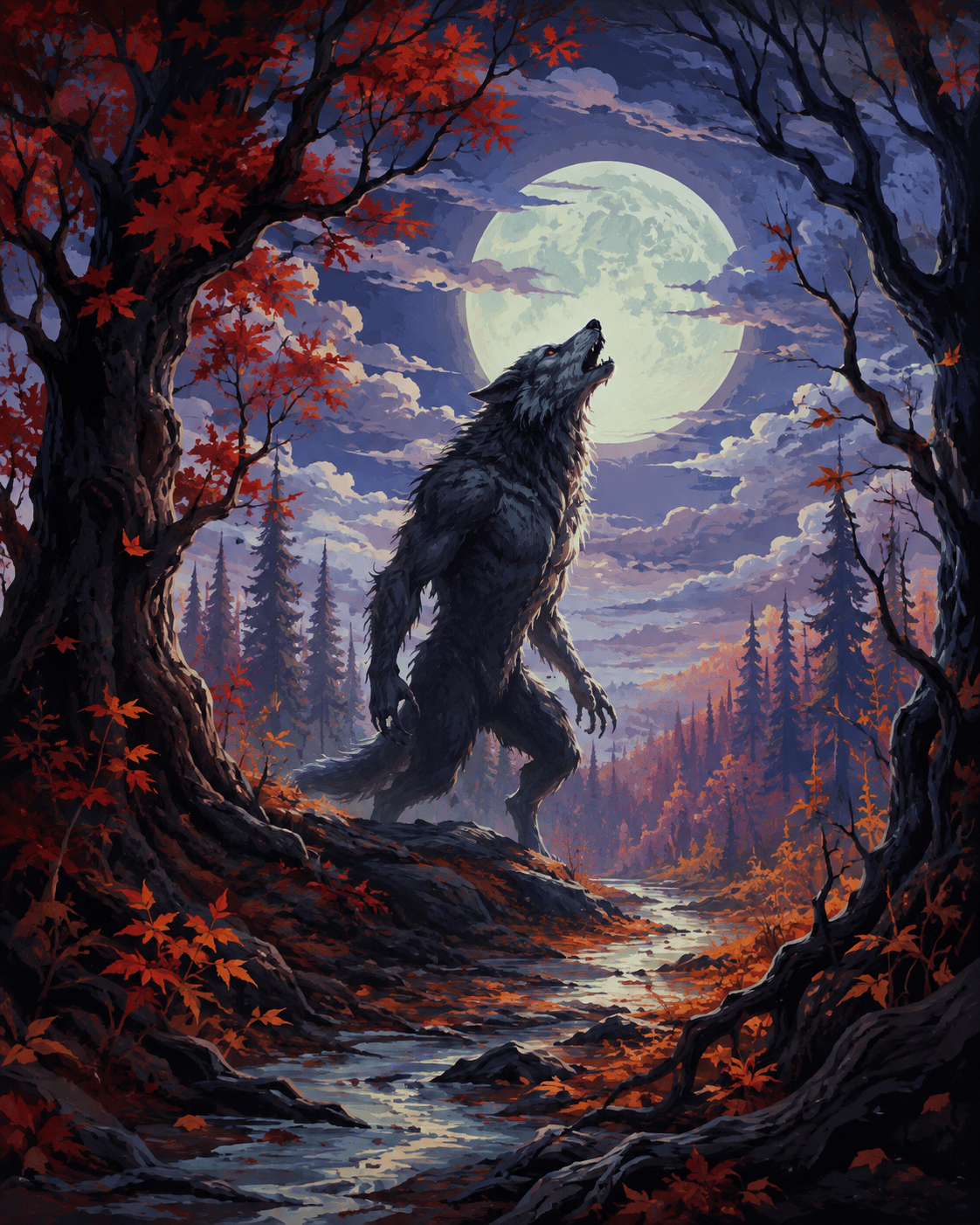 Malen nach Zahlen Der Werwolf im roten Wald – Halloween-Motiv