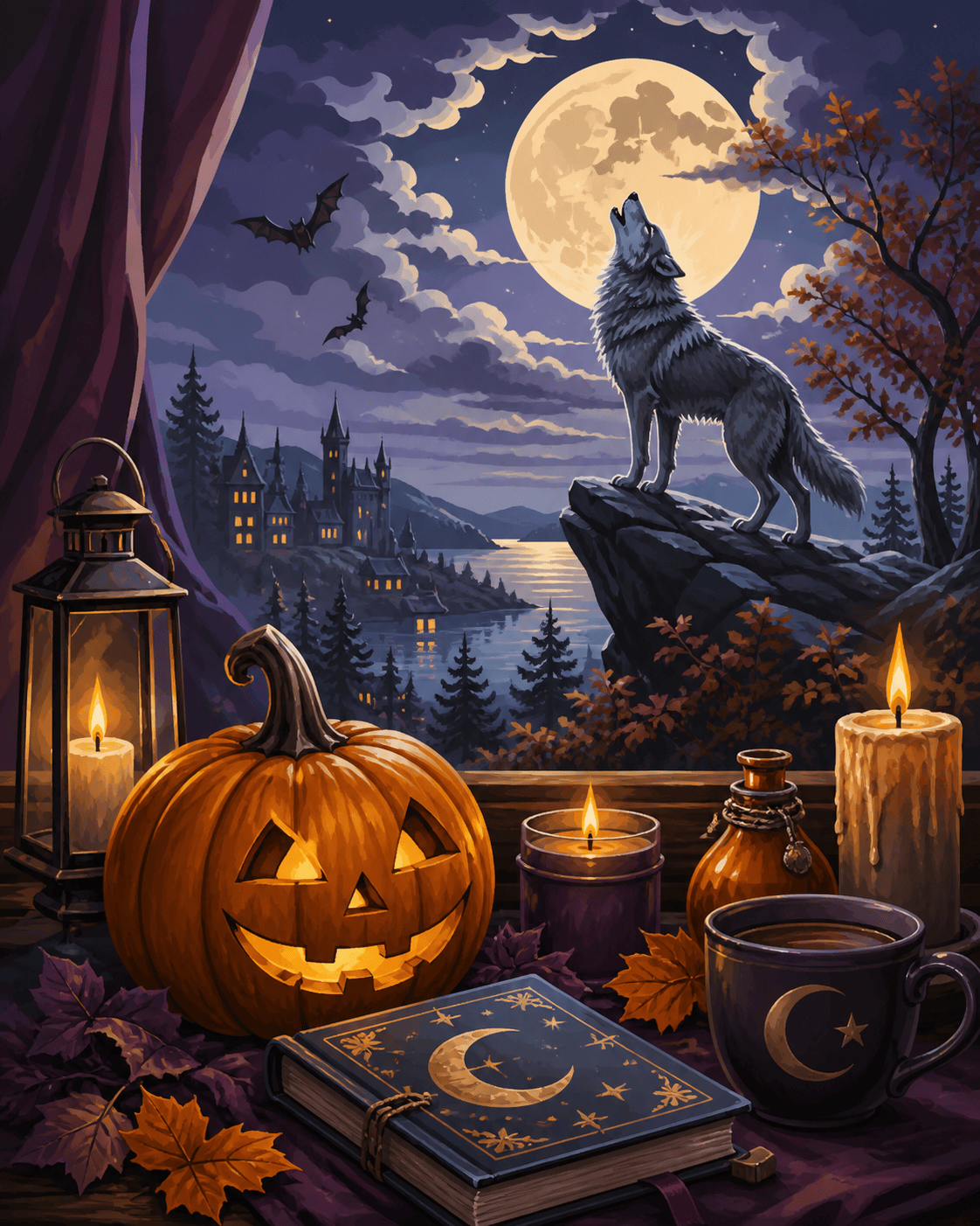 Malen nach Zahlen Der Wolf erwacht im Mondschein – Halloween-Motiv