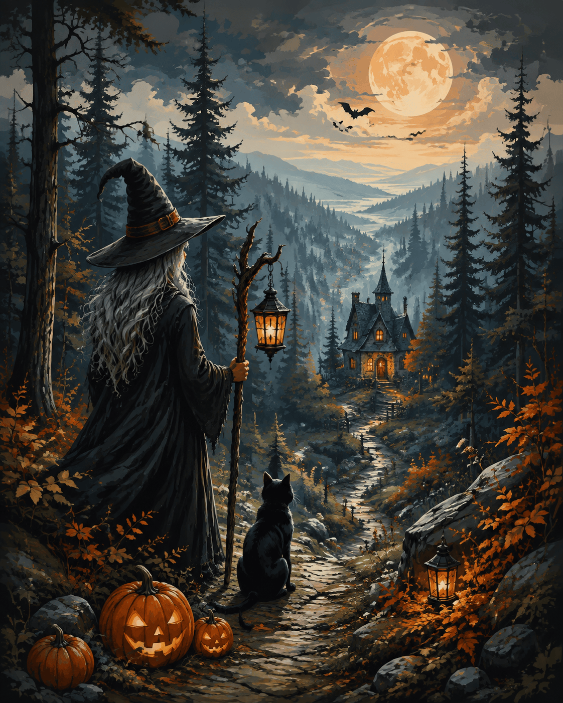 Malen nach Zahlen Die Hexe aus dem Tannenwald – Halloween-Motiv