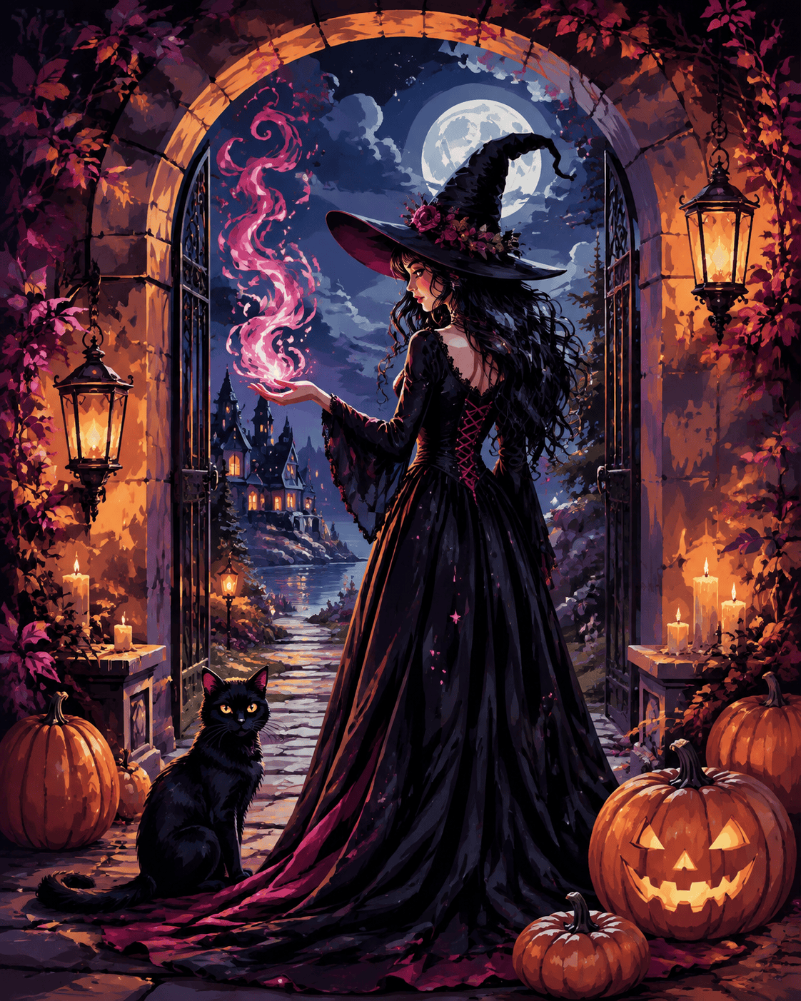 Malen nach Zahlen Die Hexe im schwarzen Kleid – Halloween-Motiv