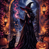 Malen nach Zahlen Die Hexe im schwarzen Kleid – Halloween-Motiv