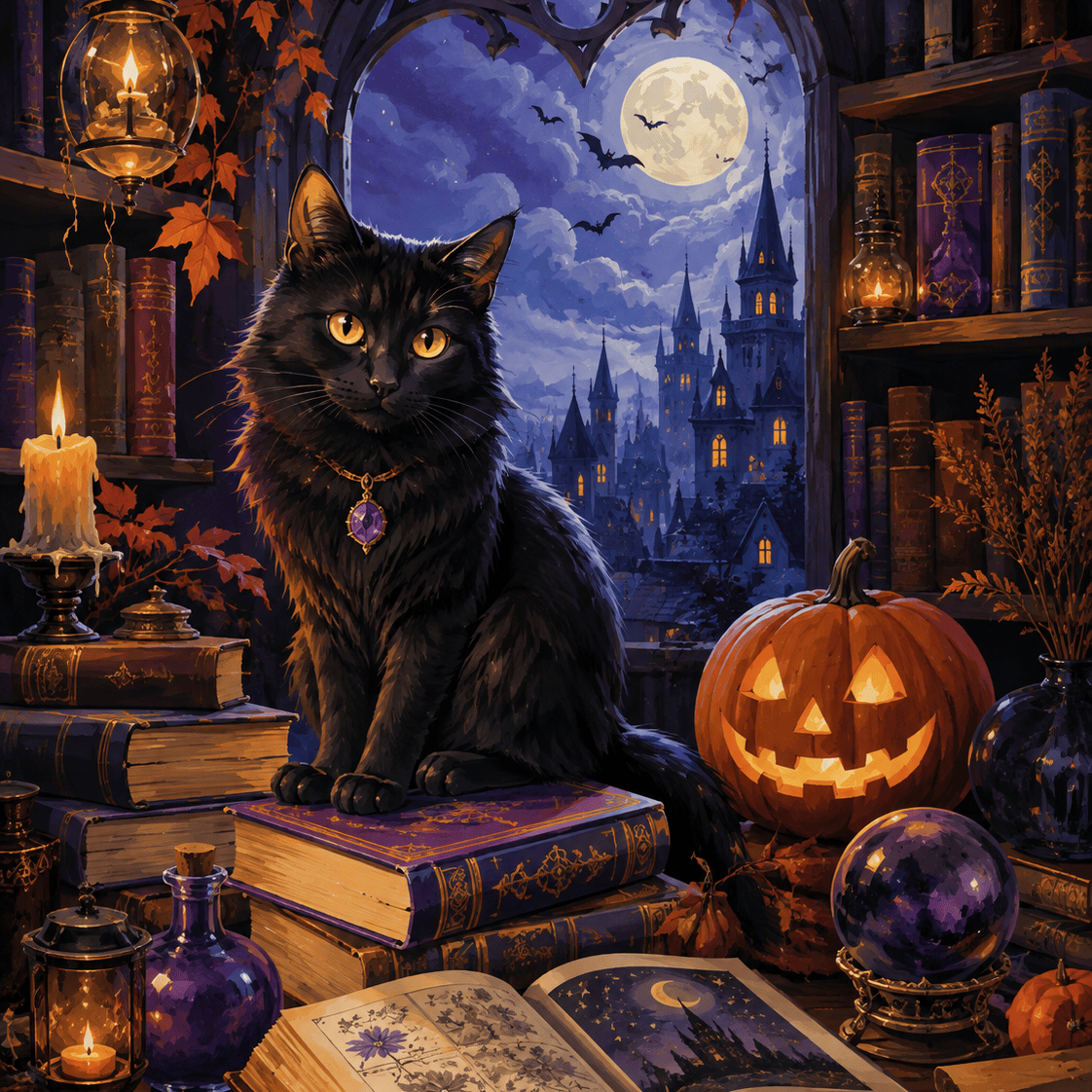 Malen nach Zahlen Die Katze in der Zauberbibliothek – Halloween-Motiv