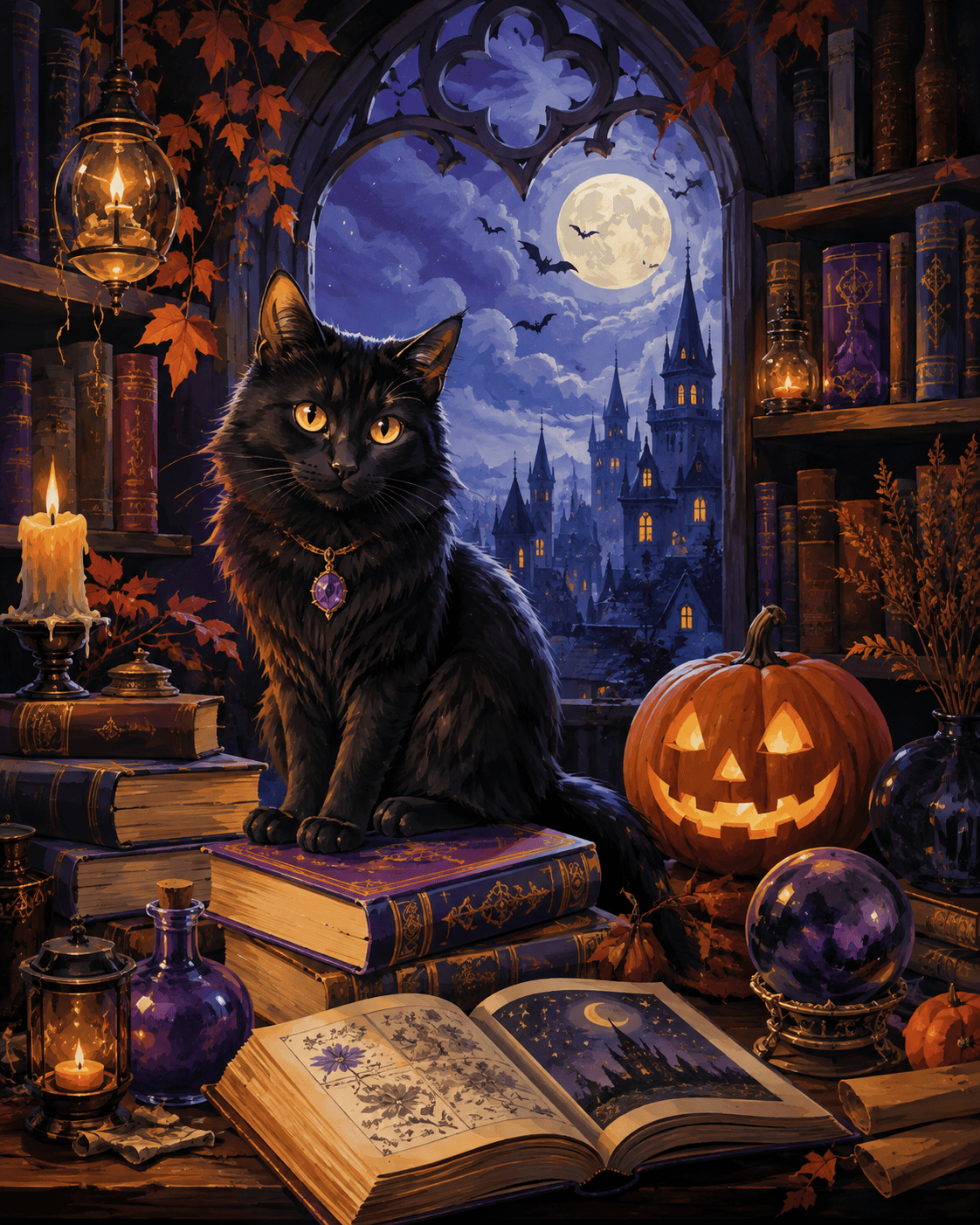 Malen nach Zahlen Die Katze in der Zauberbibliothek – Halloween-Motiv