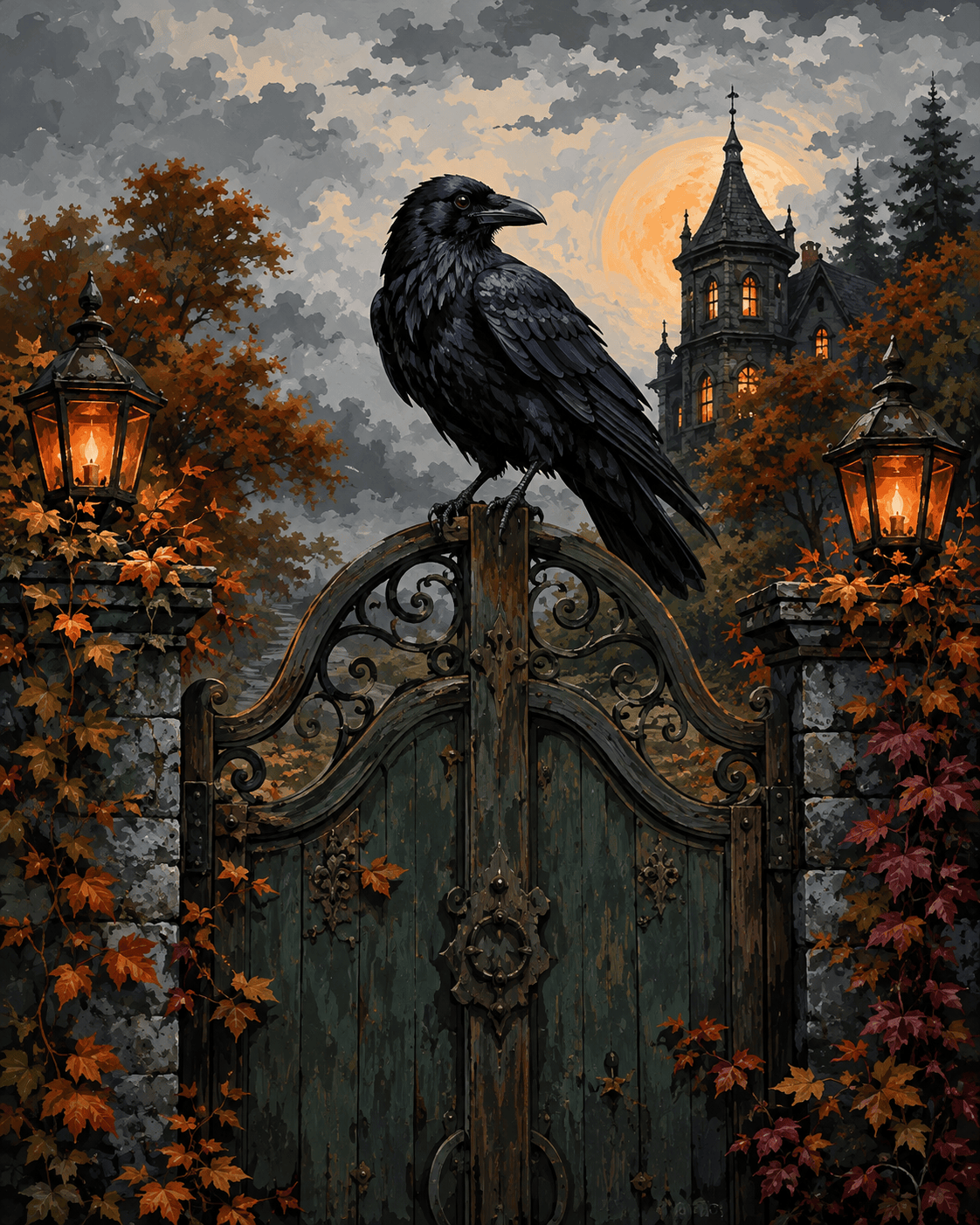 Malen nach Zahlen Die Krähe auf dem alten Tor – Halloween-Motiv