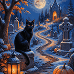 Malen nach Zahlen Die schwarze Katze im Winterfriedhof – Halloween-Motiv