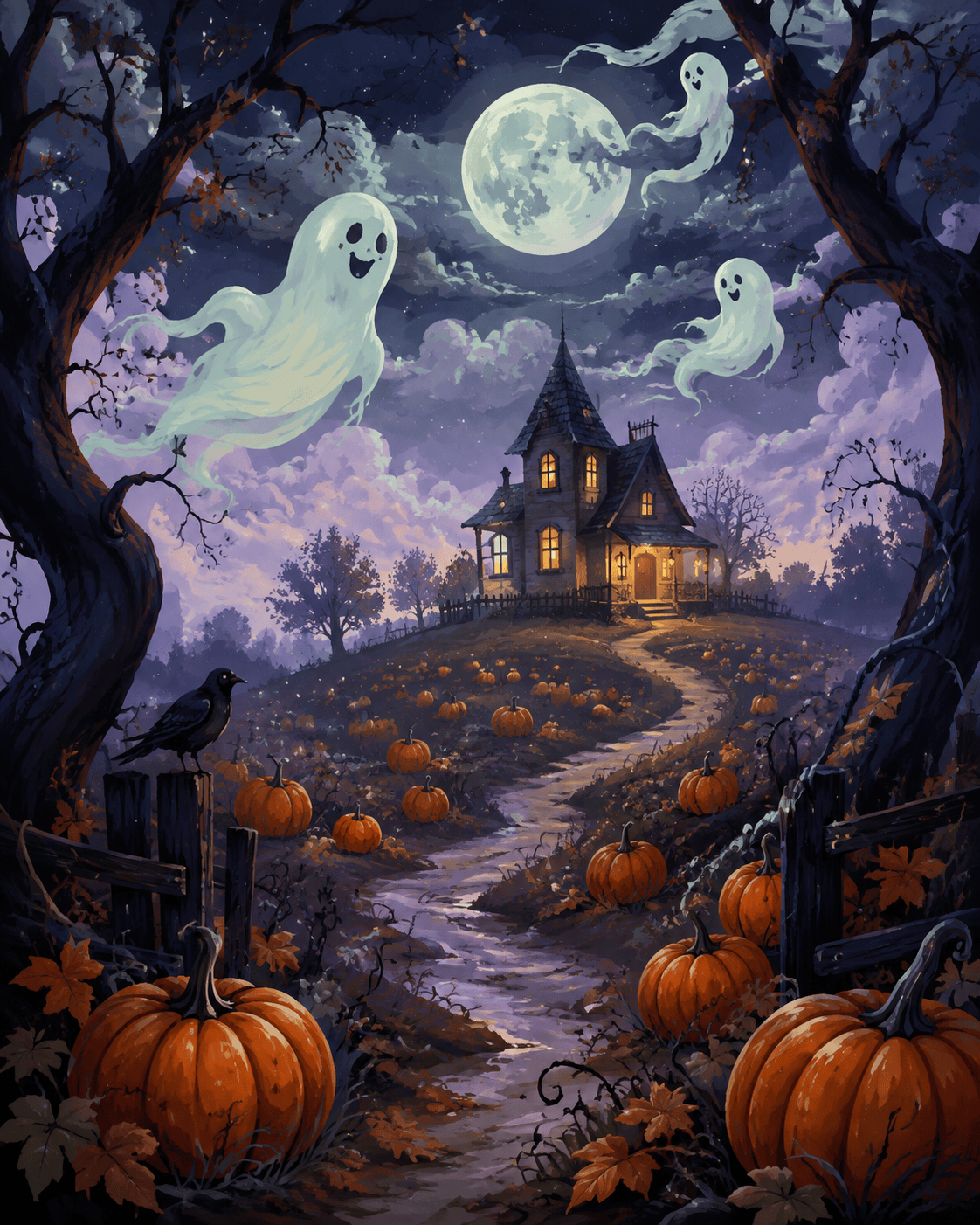 Malen nach Zahlen Geister über dem Kürbisacker – Halloween-Motiv