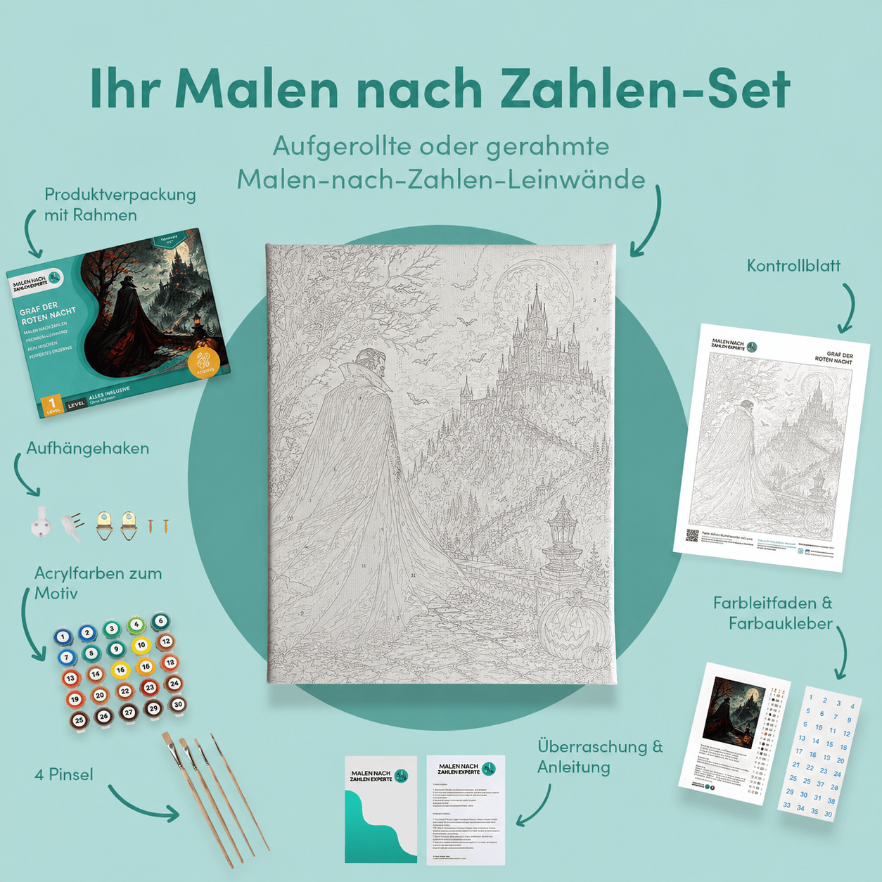 Inhalt des Malen-nach-Zahlen-Sets Graf der roten Nacht