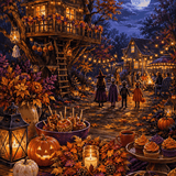Malen nach Zahlen Herbstabend im Baumhausgarten – Halloween-Motiv