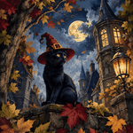 Malen nach Zahlen Hut, Katze und Herbstlaub – Halloween-Motiv