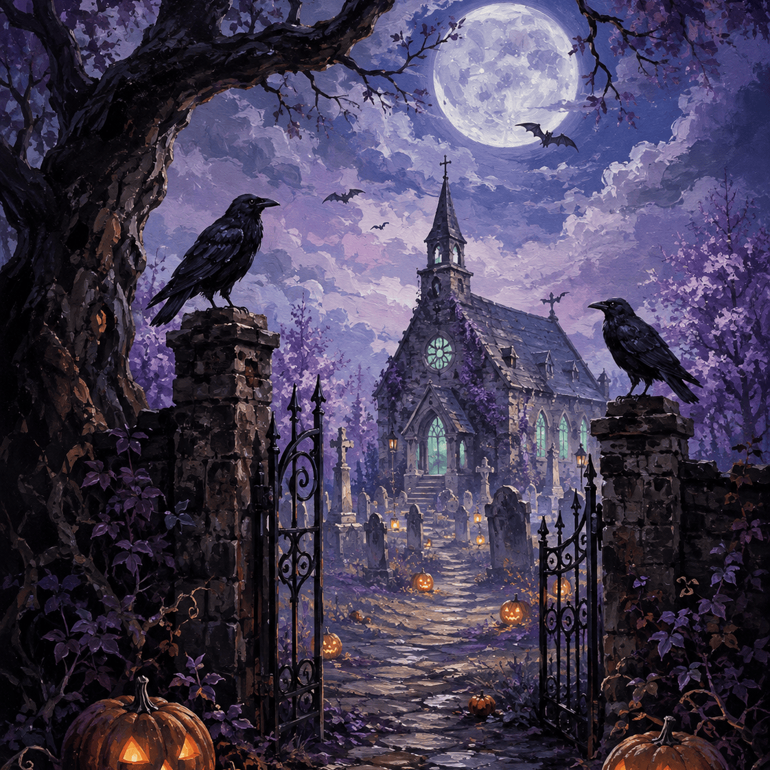 Malen nach Zahlen Mitternacht am Kirchhof – Halloween-Motiv