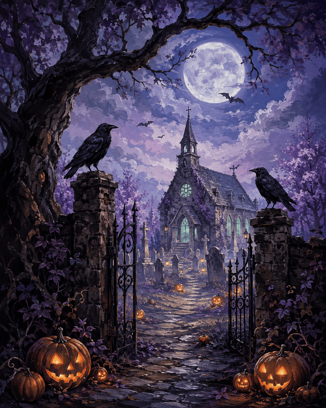 Malen nach Zahlen Mitternacht am Kirchhof – Halloween-Motiv