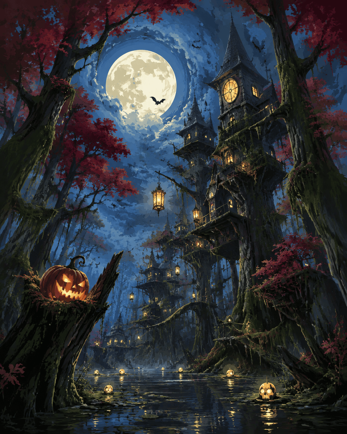 Malen nach Zahlen Neonlicht im Sumpfwald – Halloween-Motiv