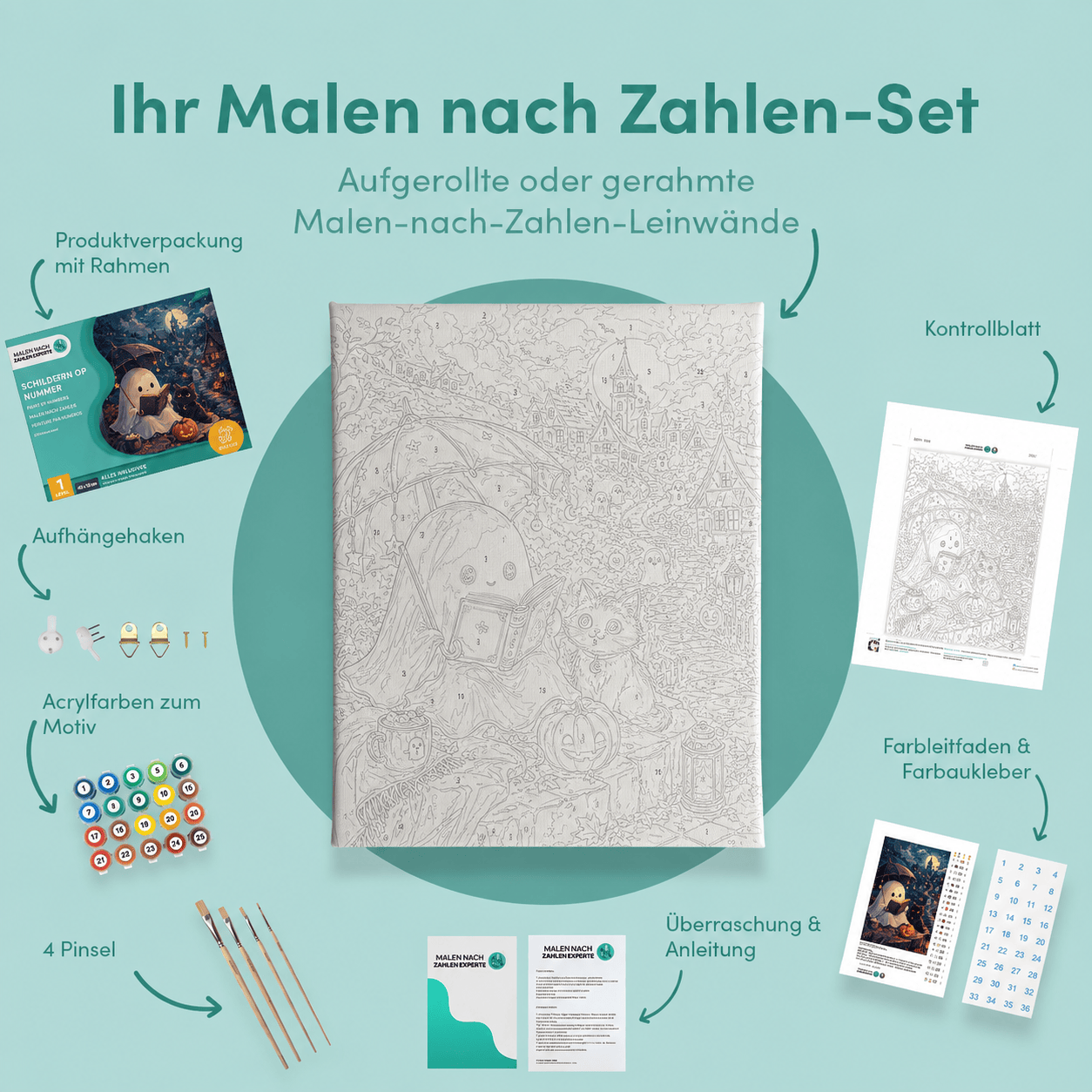 Inhalt des Malen-nach-Zahlen-Sets Niedliche Spuknacht