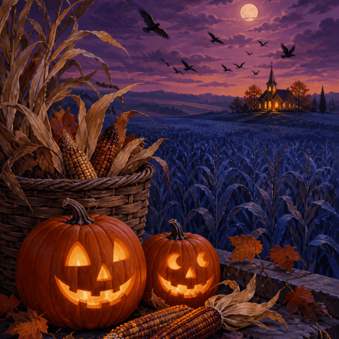 Malen nach Zahlen Oktoberdämmerung über dem Kornfeld – Halloween-Motiv