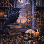 Malen nach Zahlen Rabe, Bücher und alter Schädel – Halloween-Motiv
