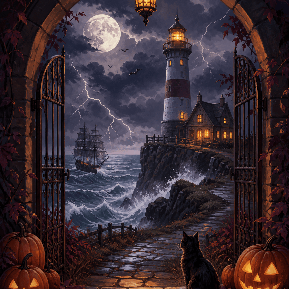 Malen nach Zahlen Sturm am Geisterleuchtturm – Halloween-Motiv