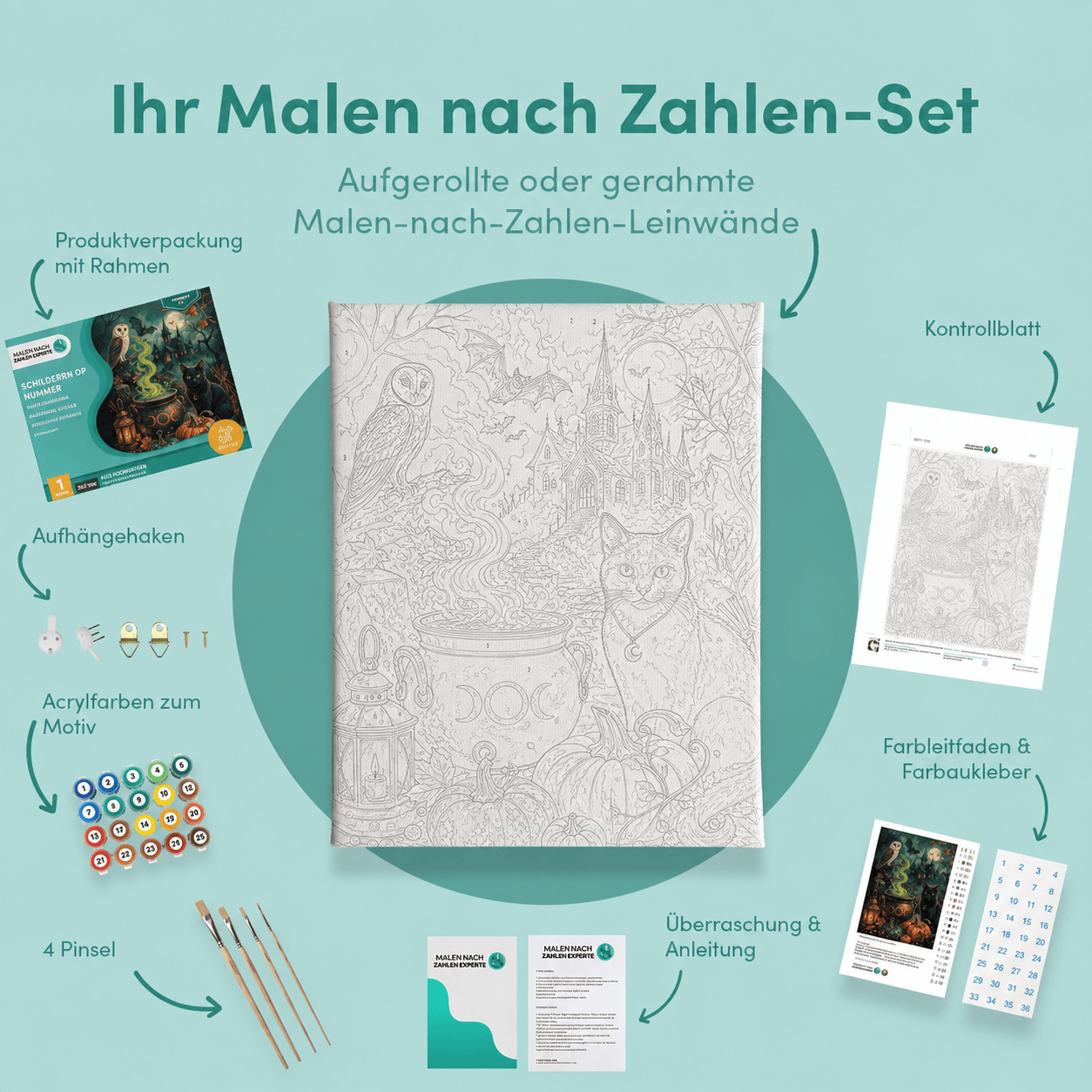 Inhalt des Malen-nach-Zahlen-Sets Symbole der Geisternacht