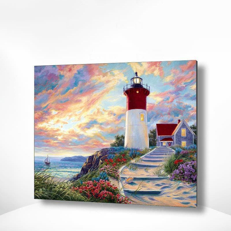 Malen nach Zahlen Leuchtturm Sonnenuntergang