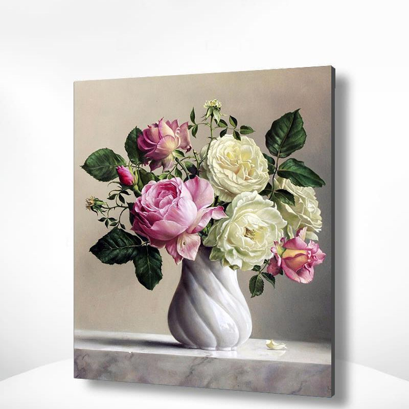 Malen nach Zahlen Rosen in weißer Vase